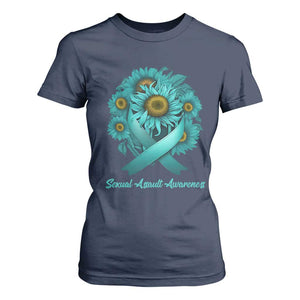 Sexual Assault Awareness T Shirt For Women Teal Ribbon Sunflowers Support TS02 Navy Print Your Wear