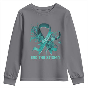 Sexual Assault Awareness Youth Sweatshirt End The Stigma Teal Floral Ribbon TS02 Charcoal Print Your Wear