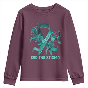 Sexual Assault Awareness Youth Sweatshirt End The Stigma Teal Floral Ribbon TS02 Maroon Print Your Wear