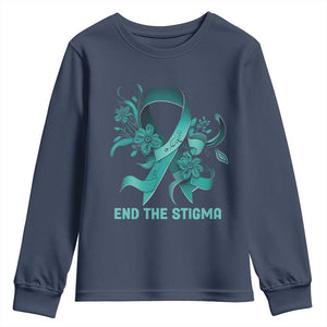 Sexual Assault Awareness Youth Sweatshirt End The Stigma Teal Floral Ribbon TS02 Navy Print Your Wear