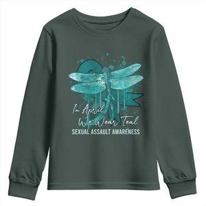 Sexual Assault Awareness Youth Sweatshirt In April We Wear Teal Ribbon Butterfly TS02 Dark Forest Green Print Your Wear