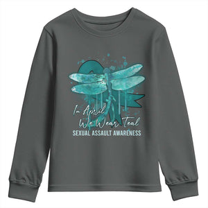 Sexual Assault Awareness Youth Sweatshirt In April We Wear Teal Ribbon Butterfly TS02 Dark Heather Print Your Wear