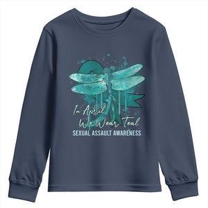 Sexual Assault Awareness Youth Sweatshirt In April We Wear Teal Ribbon Butterfly TS02 Navy Print Your Wear