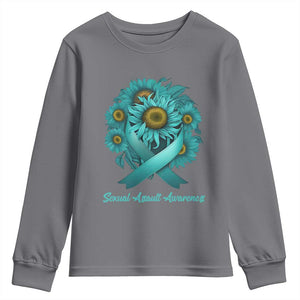 Sexual Assault Awareness Youth Sweatshirt Teal Ribbon Sunflowers Support TS02 Charcoal Print Your Wear