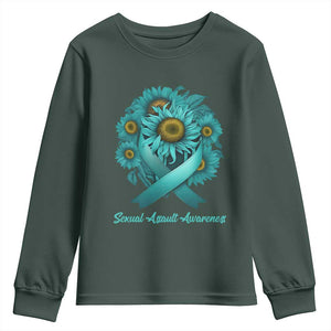 Sexual Assault Awareness Youth Sweatshirt Teal Ribbon Sunflowers Support TS02 Dark Forest Green Print Your Wear