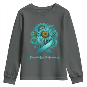 Sexual Assault Awareness Youth Sweatshirt Teal Ribbon Sunflowers Support TS02 Dark Heather Print Your Wear