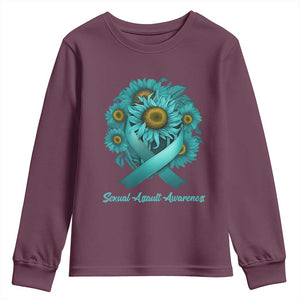 Sexual Assault Awareness Youth Sweatshirt Teal Ribbon Sunflowers Support TS02 Maroon Print Your Wear