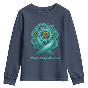Sexual Assault Awareness Youth Sweatshirt Teal Ribbon Sunflowers Support TS02 Navy Print Your Wear