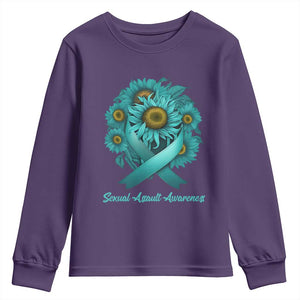 Sexual Assault Awareness Youth Sweatshirt Teal Ribbon Sunflowers Support TS02 Purple Print Your Wear