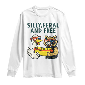 Silly Feral and Free Long Sleeve Shirt Funny Goose and Raccoon 4th of July Patriotic TS02 White Print Your Wear