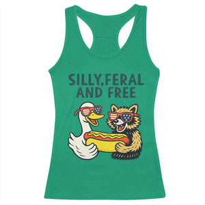 Silly Feral and Free Racerback Tank Top Funny Goose and Raccoon 4th of July Patriotic TS02 Irish Green Print Your Wear