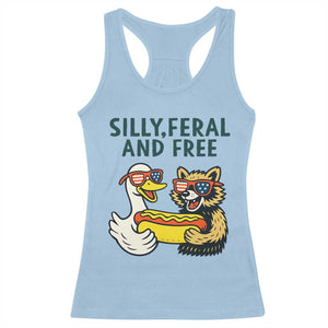 Silly Feral and Free Racerback Tank Top Funny Goose and Raccoon 4th of July Patriotic TS02 Light Blue Print Your Wear