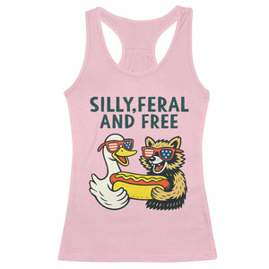 Silly Feral and Free Racerback Tank Top Funny Goose and Raccoon 4th of July Patriotic TS02 Light Pink Print Your Wear