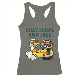 Silly Feral and Free Racerback Tank Top Funny Goose and Raccoon 4th of July Patriotic TS02 Military Green Print Your Wear