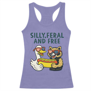 Silly Feral and Free Racerback Tank Top Funny Goose and Raccoon 4th of July Patriotic TS02 Violet Print Your Wear