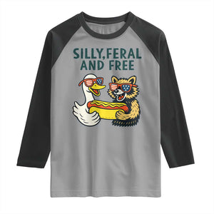Silly Feral and Free Raglan Shirt Funny Goose and Raccoon 4th of July Patriotic TS02 Sport Gray Black Print Your Wear