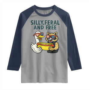 Silly Feral and Free Raglan Shirt Funny Goose and Raccoon 4th of July Patriotic TS02 Sport Gray Navy Print Your Wear
