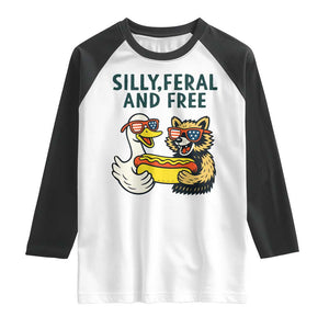 Silly Feral and Free Raglan Shirt Funny Goose and Raccoon 4th of July Patriotic TS02 White Black Print Your Wear