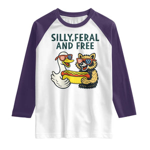Silly Feral and Free Raglan Shirt Funny Goose and Raccoon 4th of July Patriotic TS02 White Purple Print Your Wear