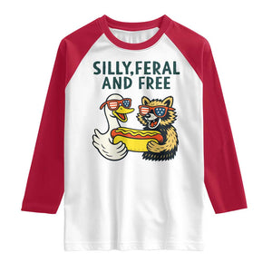 Silly Feral and Free Raglan Shirt Funny Goose and Raccoon 4th of July Patriotic TS02 White Red Print Your Wear