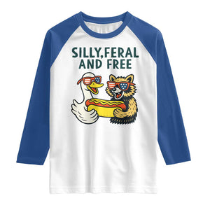 Silly Feral and Free Raglan Shirt Funny Goose and Raccoon 4th of July Patriotic TS02 White Royal Print Your Wear