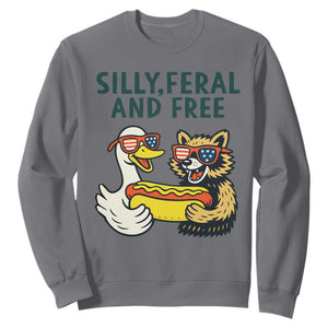 Silly Feral and Free Sweatshirt Funny Goose and Raccoon 4th of July Patriotic TS02 Charcoal Print Your Wear