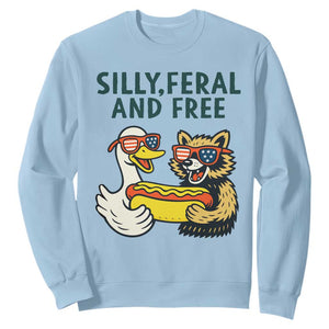 Silly Feral and Free Sweatshirt Funny Goose and Raccoon 4th of July Patriotic TS02 Light Blue Print Your Wear