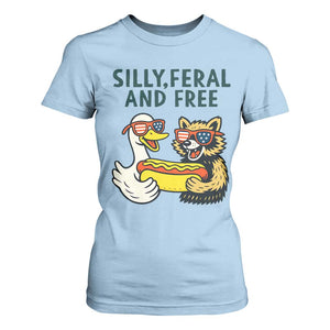 Silly Feral and Free T Shirt For Women Funny Goose and Raccoon 4th of July Patriotic TS02 Light Blue Print Your Wear