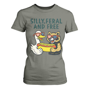 Silly Feral and Free T Shirt For Women Funny Goose and Raccoon 4th of July Patriotic TS02 Military Green Print Your Wear