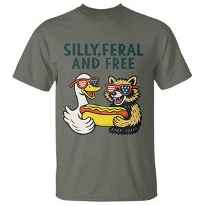 Silly Feral and Free T Shirt Funny Goose and Raccoon 4th of July Patriotic TS02 Military Green Print Your Wear