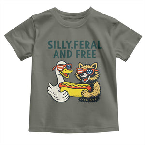 Silly Feral and Free Toddler T Shirt Funny Goose and Raccoon 4th of July Patriotic TS02 Military Green Print Your Wear