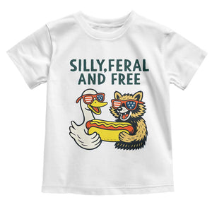 Silly Feral and Free Toddler T Shirt Funny Goose and Raccoon 4th of July Patriotic TS02 White Print Your Wear