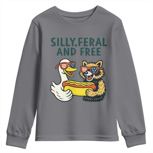 Silly Feral and Free Youth Sweatshirt Funny Goose and Raccoon 4th of July Patriotic TS02 Charcoal Print Your Wear
