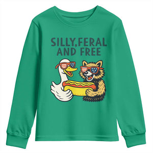 Silly Feral and Free Youth Sweatshirt Funny Goose and Raccoon 4th of July Patriotic TS02 Irish Green Print Your Wear