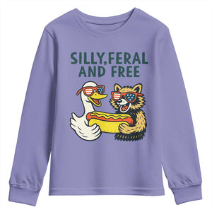 Silly Feral and Free Youth Sweatshirt Funny Goose and Raccoon 4th of July Patriotic TS02 Violet Print Your Wear