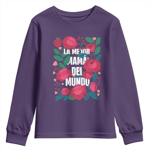 Spanish Latina Mom Youth Sweatshirt La Mejor Mama Del Mundo Mother's Day Flowers TS11 Purple Print Your Wear