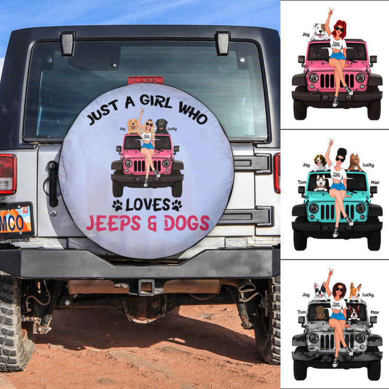 Custom Jeep Tire Cover With Camera Hole, Just A Girl Who Loves Jeep And Dogs Spare Tire Cover CTM Custom - Printyourwear
