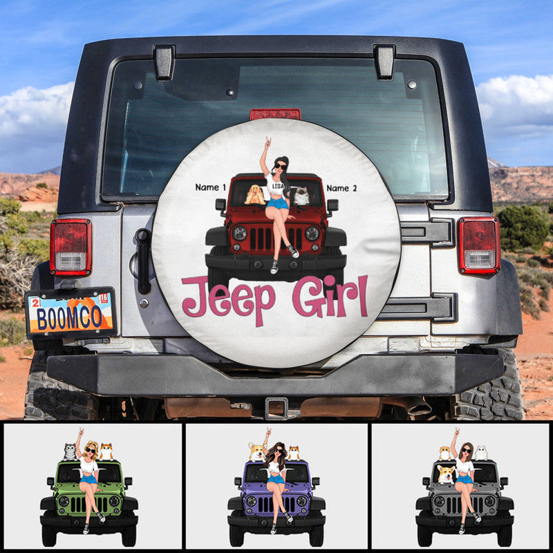 Custom Jeep Tire Cover With Camera Hole, Jeep Girl With Her Dogs Cats White Spare Tire Cover CTM Custom - Printyourwear