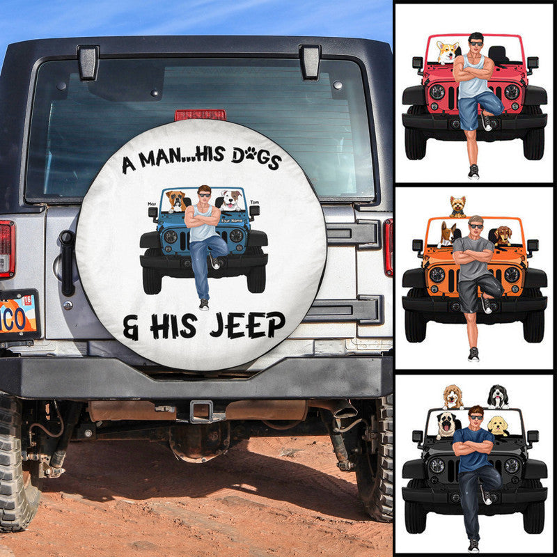Custom Jeep Tire Cover With Camera Hole, A Man His Dogs And His Jeep Spare Tire Cover CTM Custom - Printyourwear