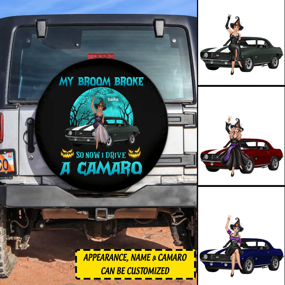 Custom Jeep Tire Cover With Camera Hole, My Broom Broke So Now I Drive A Camaro Nightmare Vibes Spare Tire Cover CTM Custom - Printyourwear