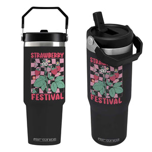 Strawberry Festival Flip Straw Tumbler Fruit Lover Botanical Retro Groovy TS02 One Size: 30 oz Black Print Your Wear