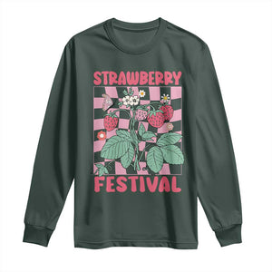 Strawberry Festival Long Sleeve Shirt Fruit Lover Botanical Retro Groovy TS02 Dark Forest Green Print Your Wear
