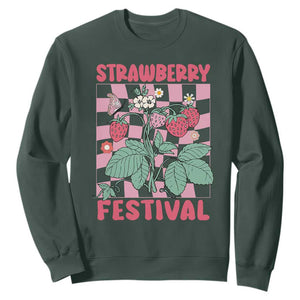 Strawberry Festival Sweatshirt Fruit Lover Botanical Retro Groovy TS02 Dark Forest Green Print Your Wear