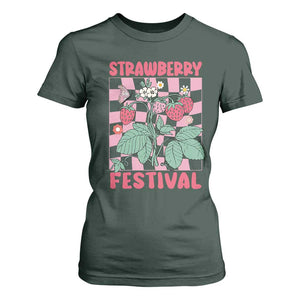 Strawberry Festival T Shirt For Women Fruit Lover Botanical Retro Groovy TS02 Dark Forest Green Print Your Wear