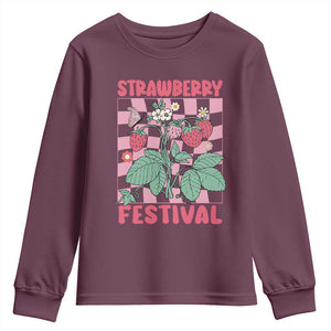 Strawberry Festival Youth Sweatshirt Fruit Lover Botanical Retro Groovy TS02 Maroon Print Your Wear