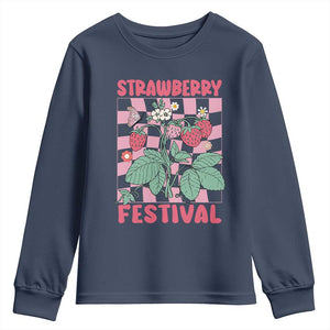 Strawberry Festival Youth Sweatshirt Fruit Lover Botanical Retro Groovy TS02 Navy Print Your Wear