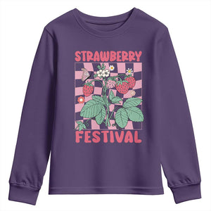 Strawberry Festival Youth Sweatshirt Fruit Lover Botanical Retro Groovy TS02 Purple Print Your Wear