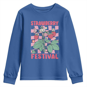 Strawberry Festival Youth Sweatshirt Fruit Lover Botanical Retro Groovy TS02 Royal Blue Print Your Wear