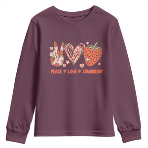 Strawberry Festival Youth Sweatshirt Peace Love Strawberry Cute Fruit Lover TS02 Maroon Print Your Wear