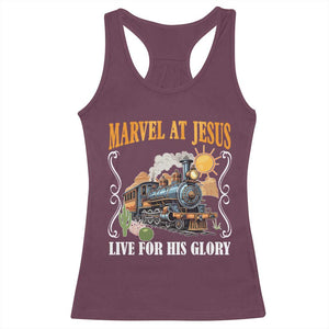 Summer VBS 2025 Racerback Tank Top Marvel at Jesus Live for His Glory Christian Bible Camp TS02 Maroon Print Your Wear